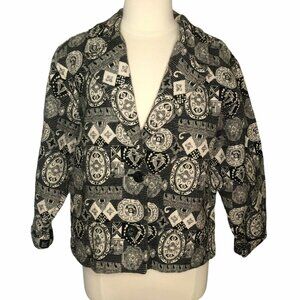 Chicos Blazer Jacket Size 2 Black White Embroidered Tapestry Granny Core